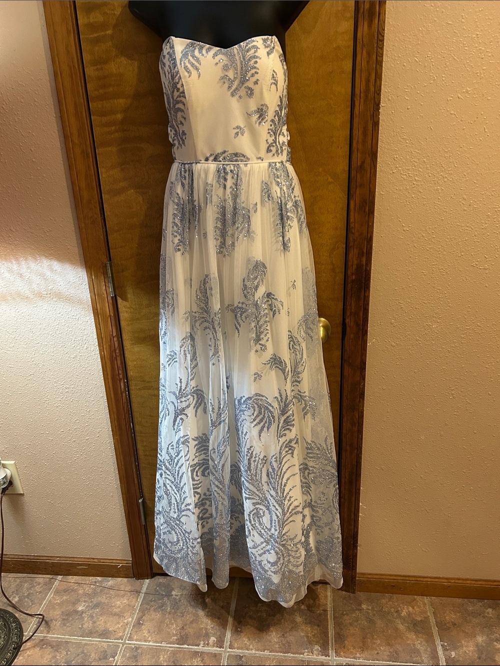 Strapless White Dress with Blue Sequin Paisley Detail. NWOT